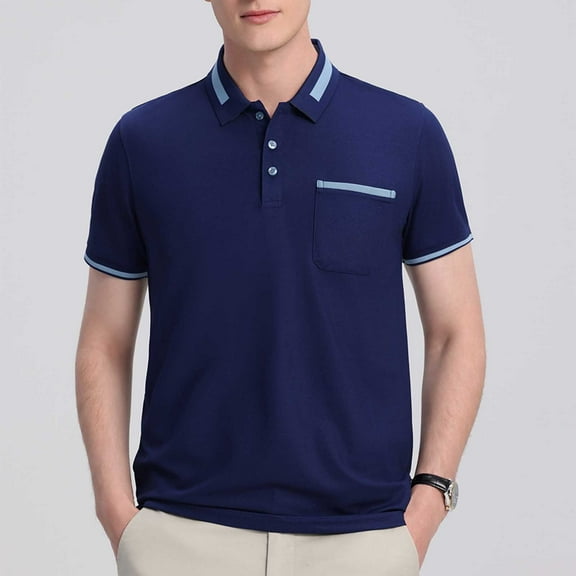 Eltusu Men's Polo Shirts, Short Sleeve Relaxed Fit Turn Down Collar Pullover Summer Shirts Navy Size 3XL