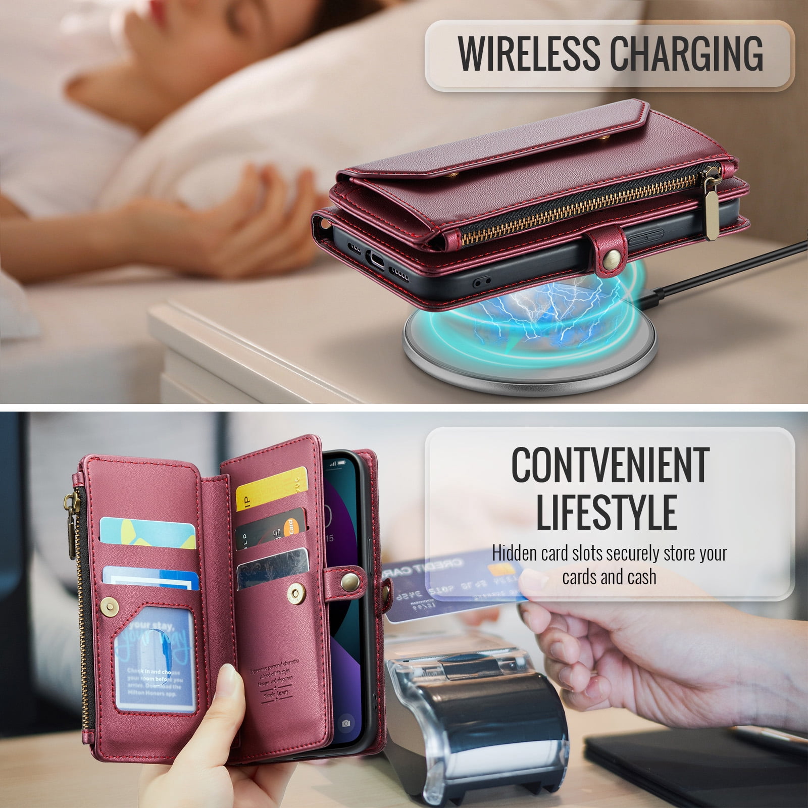 Compatible with iPhone 15 Plus 6.7 inch Zipper Wallet Phone Case Tempered Glass Screen Protector Crossbody Lanyard Strap Flip Card Holder Slot Cell Cover for i Phone15 15+ i15 + 15Plus Women Wine Red