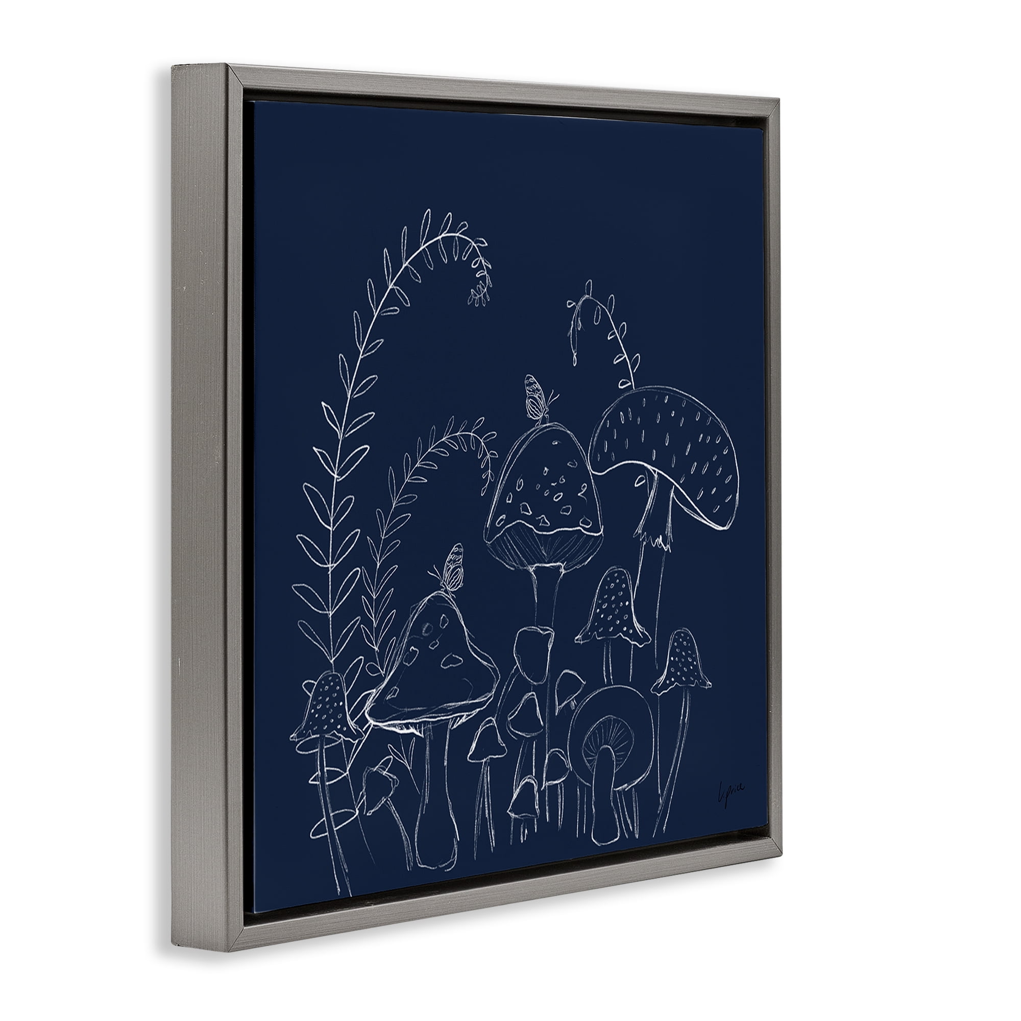 Stupell Industries Happy Mushroom Garden Plants & Flowers Painting Gray Floater Framed Canvas Art Print Wall Art, 18 x 18