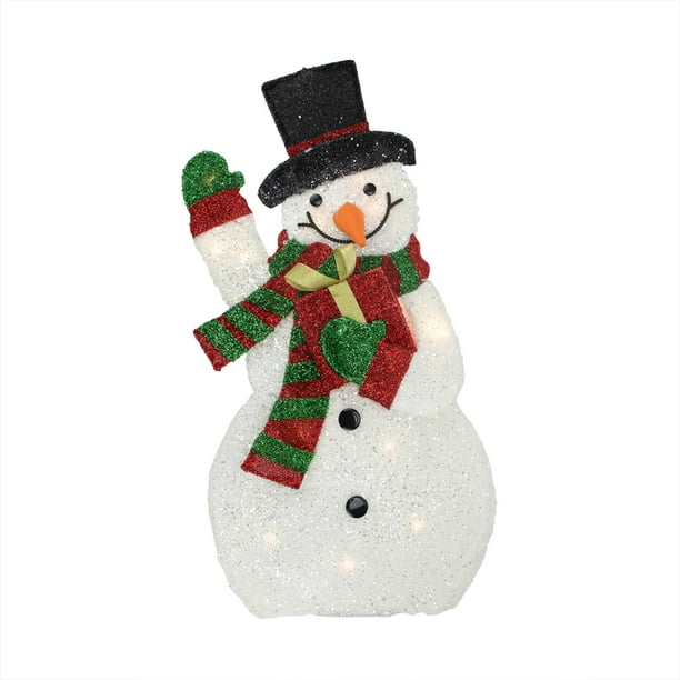 32" Lighted Tinsel Waving Snowman with Gift Christmas Outdoor