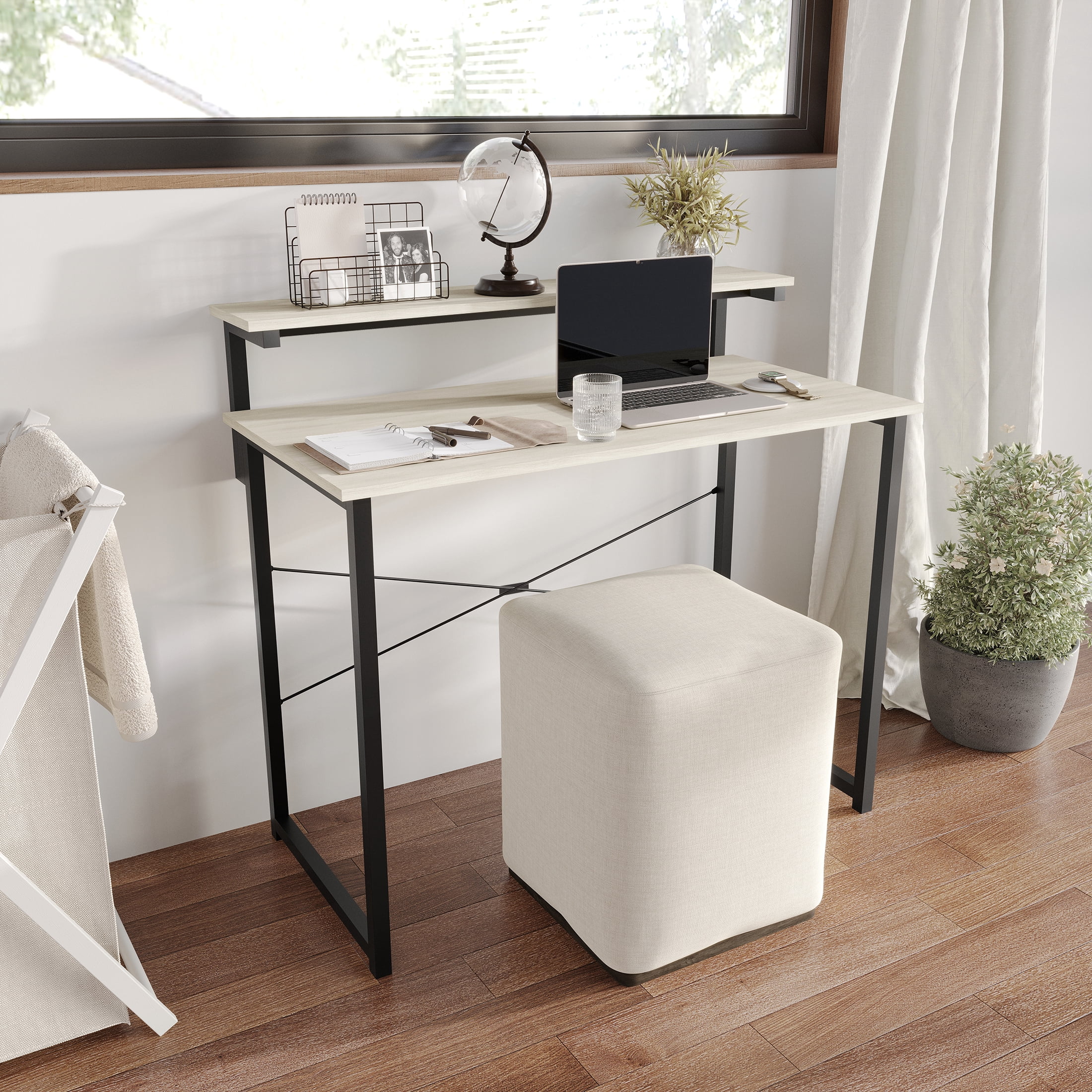 Castle Place Minimalist 39" Metal Computer Desk With Shelf, Light Grey