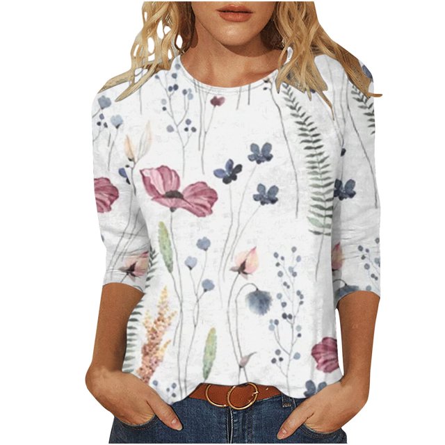 QIIBURR - Camisetas de manga 3/4 para mujer, blusas estampadas de moda para mujer, blusas casuales de cuello redondo con mangas 3/4, camisetas de algodón para mujer