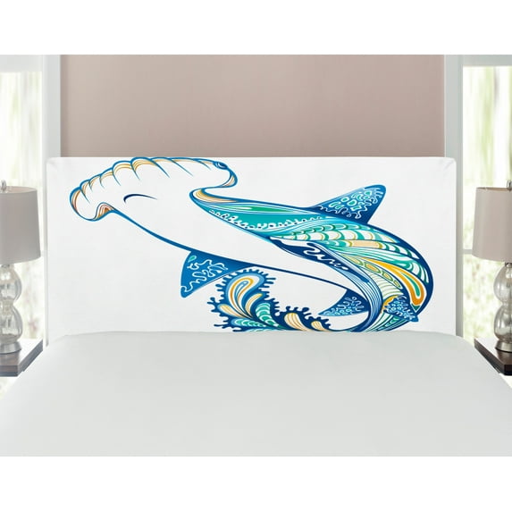 Abstract Headboard, Hammer Head Shark Ornate Underwater Sea Oceanic Life Animals Marine Theme, Upholstered Decorative Metal Bed Headboard with Memory Foam, Full Size, Blue Aqua White, by Ambesonne