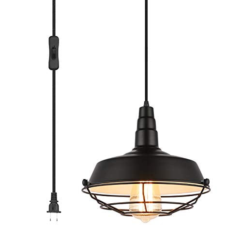 Suspension avec Prise 15 Pieds Cordon Tressé et Interrupteur Lampe Suspendue Rustique avec Abat-Jour en Cage Métallique Éclairage Swag Vintage pour Îlot de Cuisine Salle à Manger Bar Comptoir (Noir-10,23 Pouces)