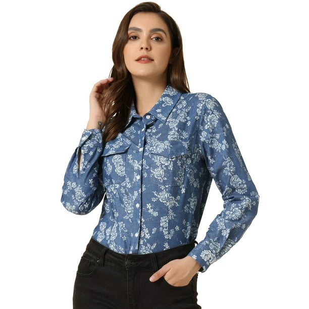 Blusa De Lunares Cuello Puntiagudo Bolsillos Del Pecho Botón abajo Para Mujer Floral Azul Medio L