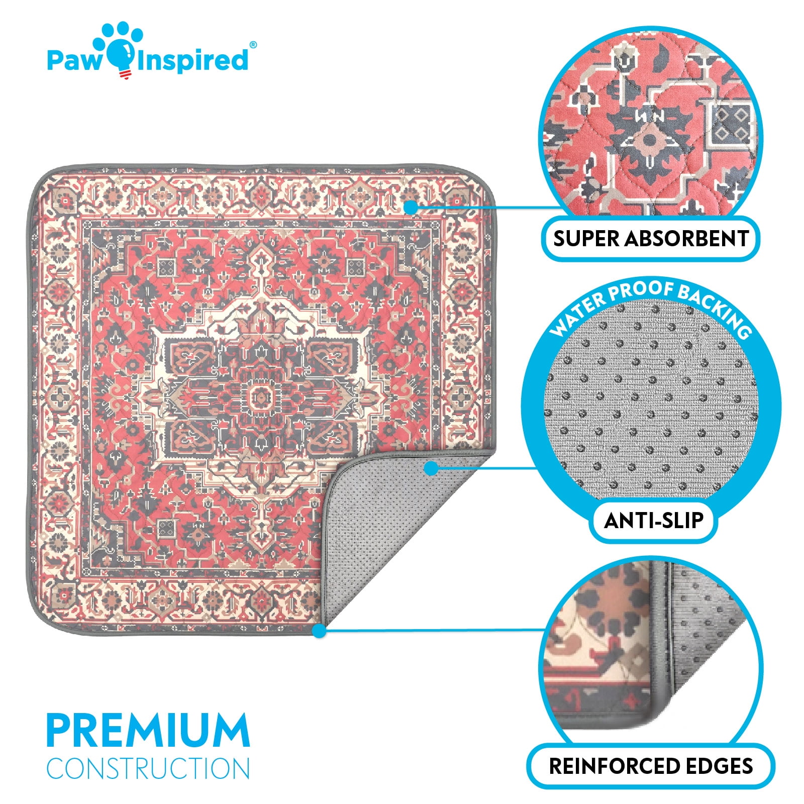 Paw Inspired Washable Dog Pee Rugs Washable Pee Pads 36x36” (2 Pack) | Reusable Puppy Pads for Potty Training, Whelping, Waterproof Mat | Leakproof, Non-Slip Liner (Persian)