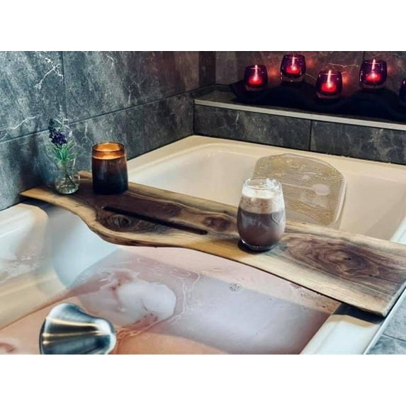 Stumps Custom Wood Experience Luxury Bathing with Exotic Walnut Bathtub Tray - Perfect for Relaxation 29-30 Inches Length x 6-9 Inches Width Wine Slot