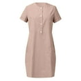 thumbnail image 5 of Zpanxa Women's Short Sleeve Button Dress Linen Like Pocket Round Neck Casual Shift Dress, 5 of 5