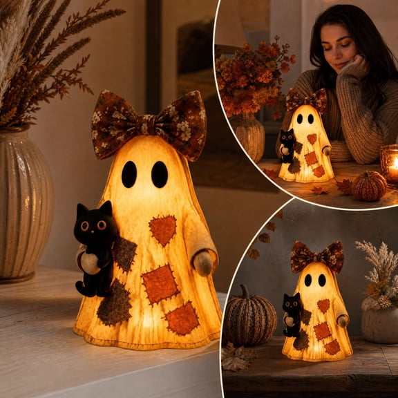 Luckky Ghost Pumpkin Night Light with Black Cat,Halloween Thanksgiving Handicraft Decor Piece Sculpture,Spooky Ghost Tabletop Illumination,Warm Glow Decor for Mantel,Shelf,Desk,Table,Home