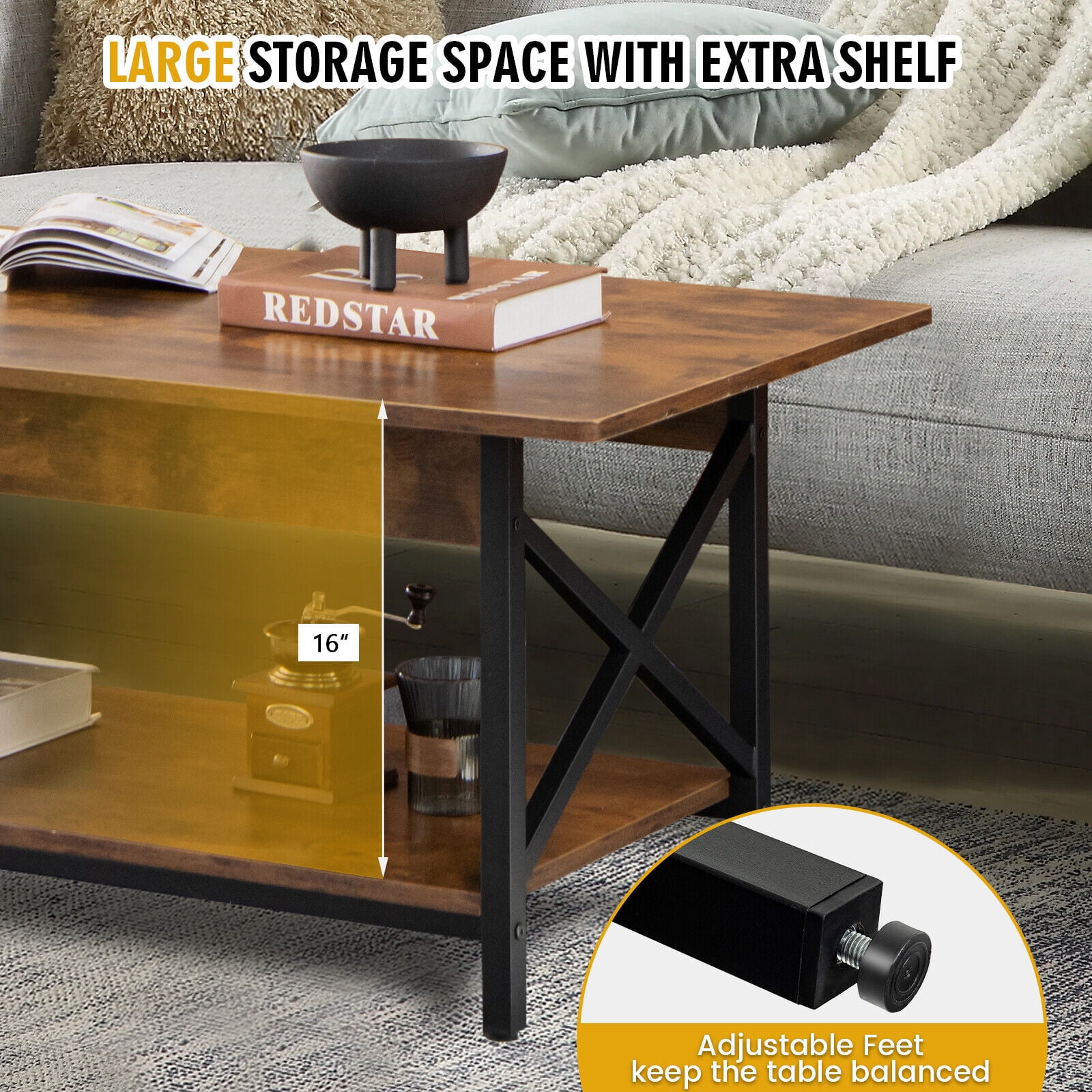 Gymax Coffee Table Industrial 2-Tier w/ Storage Shelf &Storage Shelf for Living Room Rustic Brown