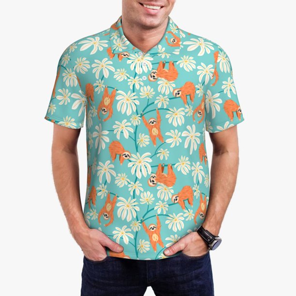 Balery Cute Sloth on Floral Tree Camisa Polo de Hombre con Estampado, de Manga Corta y Tejido Medio, Camisa Tipo Golf Polo-3X-Large