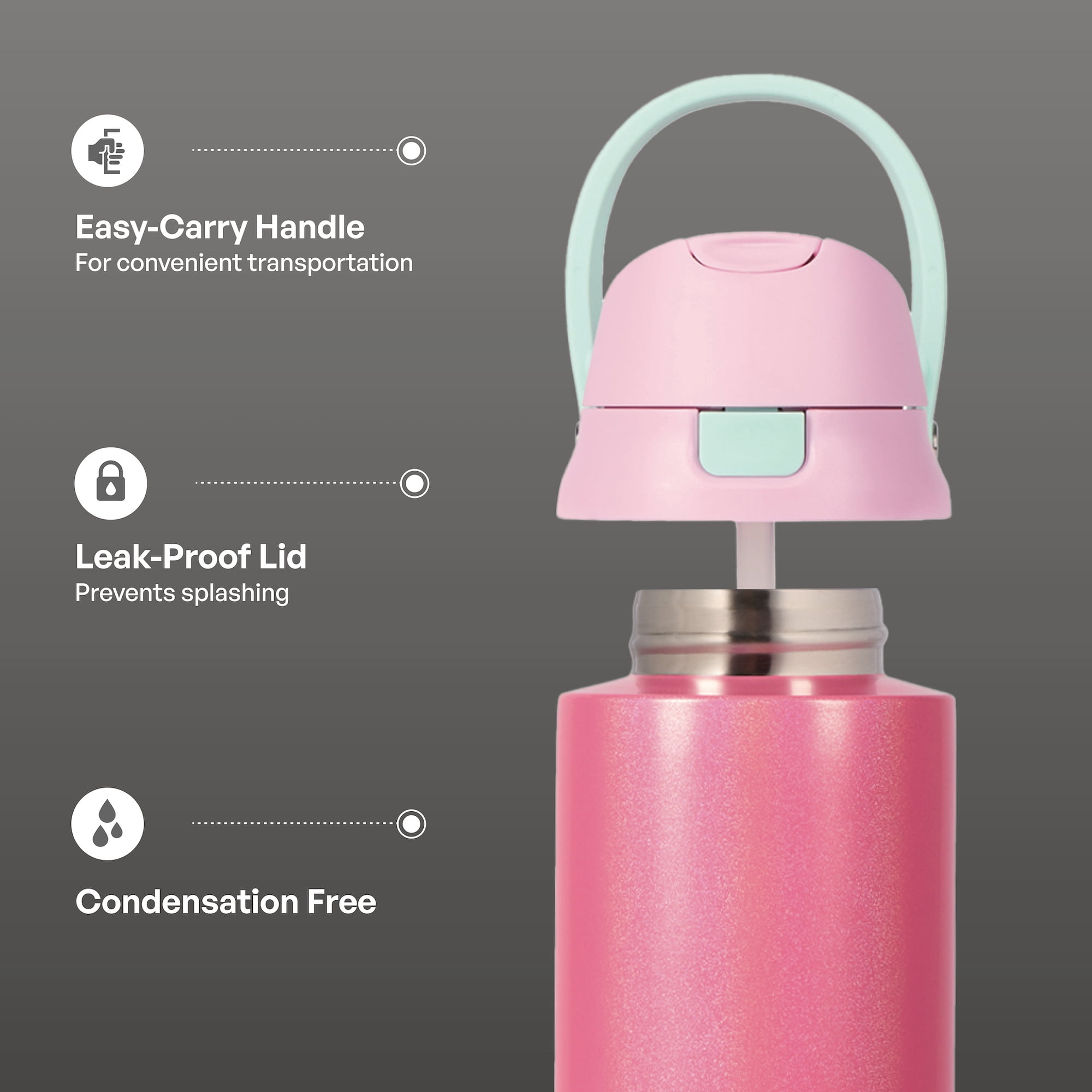 TAL 24oz Stainless Steel 2-in-1 Straw and Chug Water Bottle with Push Lid, Pink Shimmer