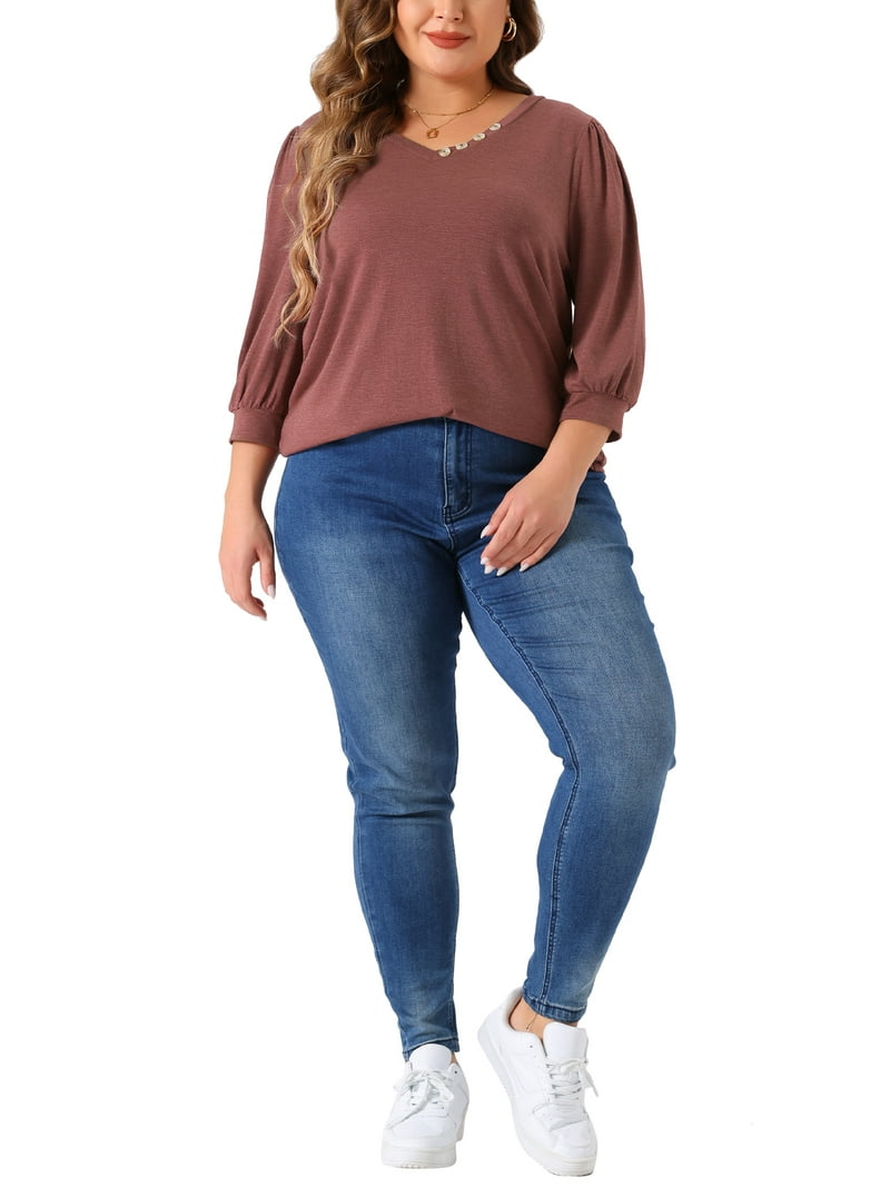 Agnes Orinda Plus Size Top for Women 3/4 Sleeve V Neck Button