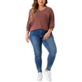 thumbnail image 2 of Plus Size Top for Women 3/4 Sleeve V Neck Button Decor Casual Solid Tees Shirts 2X Burgundy, 2 of 6