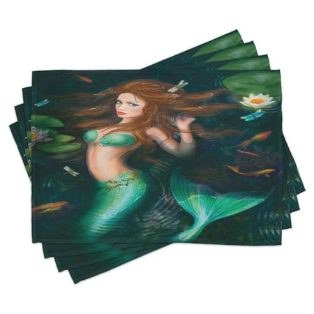 

Underwater Placemats Set of 4 Fantasy Mermaid In Lake with Lilies Blossom Magical Plants Big Leaves Washable Fabric Place Mats for Dining Room Kitchen Table Decor Jade Green Brown by Ambesonne