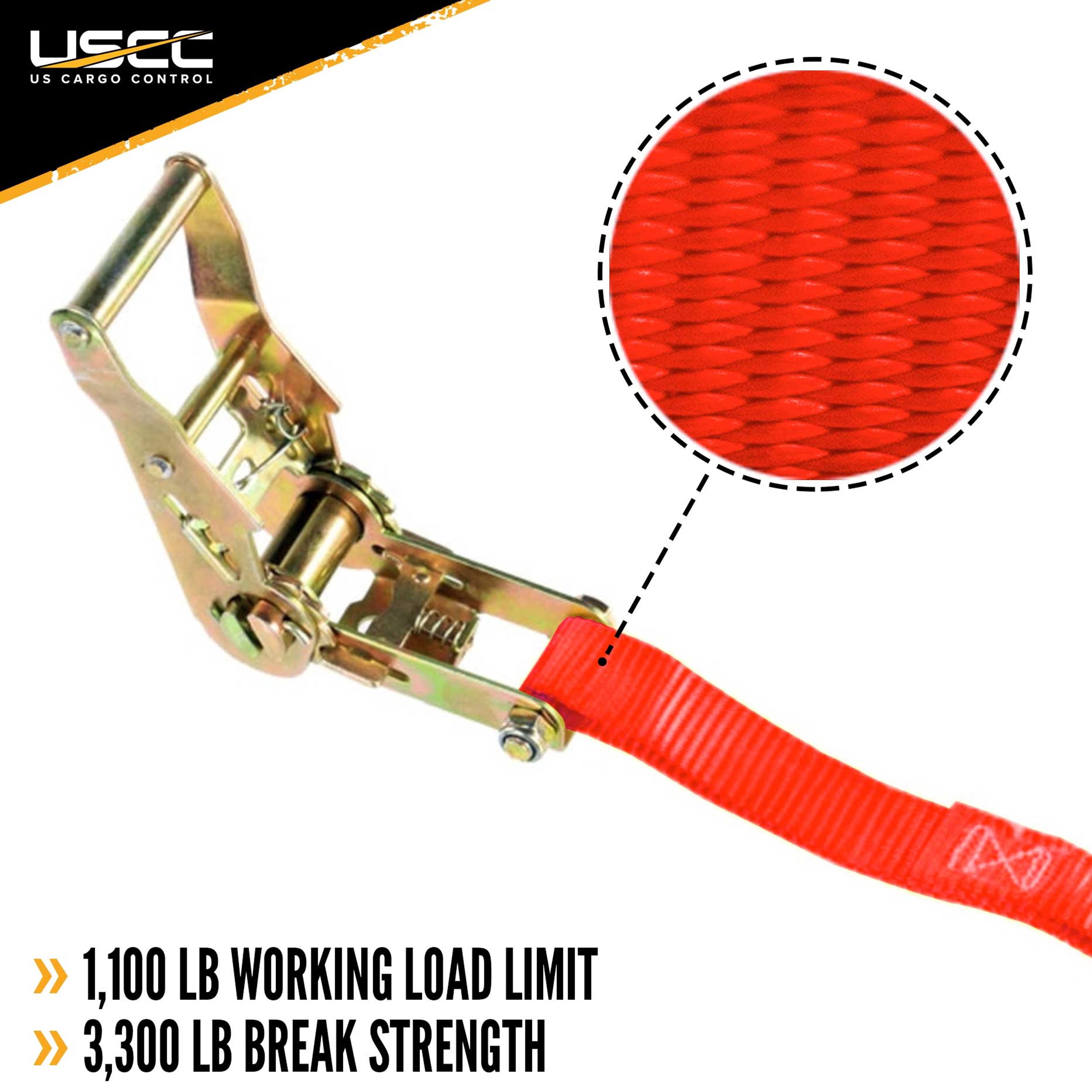 US Cargo Control Ratchet Tie Down, 1 Inch x 20 Foot Ratchet Strap with Vinyl Coated Wire J Hook,  Red Tie Down Straps, Secure Cargo Easily, Dependable Strap and Hook for Securing Cargo, 4 Pack