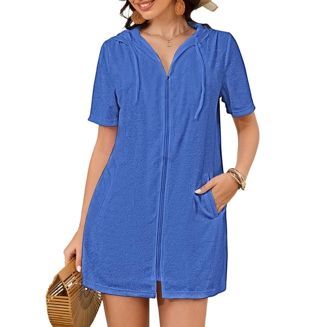 Traje de baño de tela de felpa Bsubseach con capucha y cremallera, azul