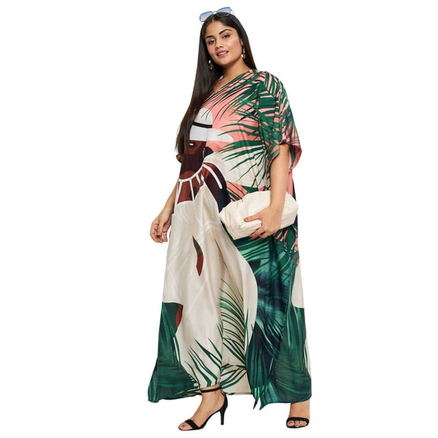 Oussum Robe Kaftan Longue en Polyester Grande Taille à Motif Tribal Pêche pour Femmes