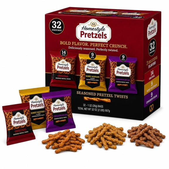 Pretzel Sticks Twist Seasoned Original Honey Mustard Cinnamon Sugar Variety Pack Individual Snack Bags Crunchy Savory Sweet Treats 32 Count