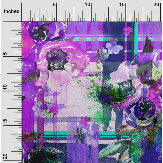 oneOone Viscose Chiffon Purple Fabric Check & Flower Watercolor Quilting Supplies Print Sewing Fabric By The Yard 42 Inch Wide