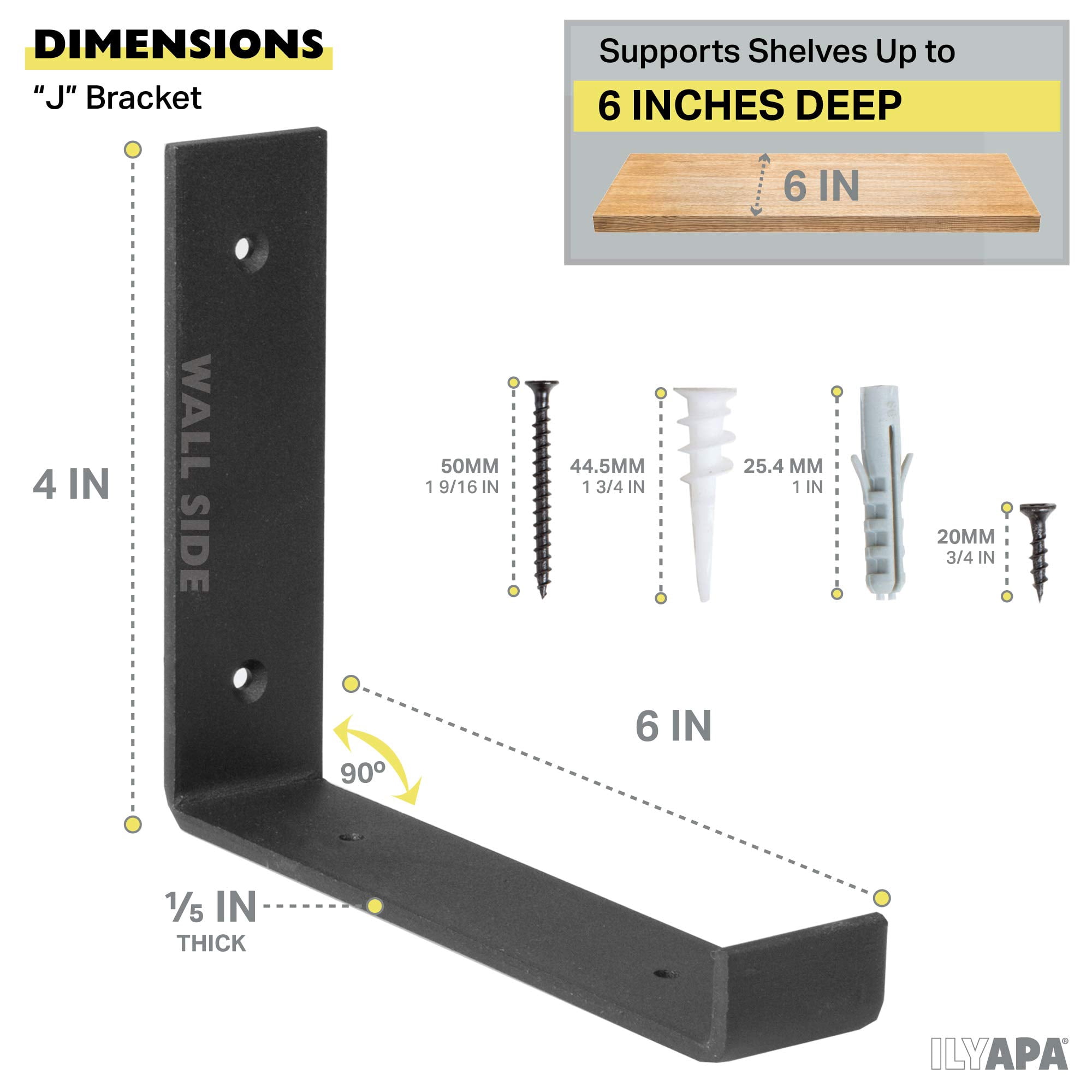 Ilyapa Heavy Duty Floating Shelf Brackets, 4 Pack - 4 x 6 Inch Black Metal Shelf Holders for Wall Mount Shelves