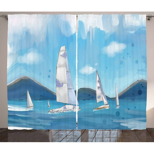 Sailboat Curtains 2 Panels Set, Lansdscape of Sailing Boats Brush