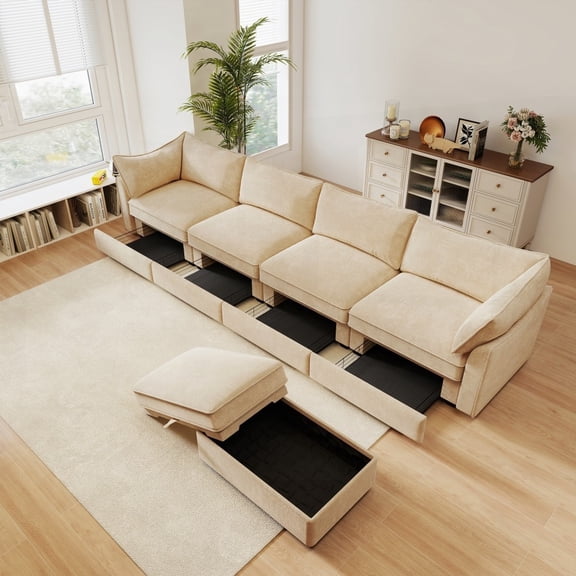 4-Seat Sofa & 1 Movable Ottoman, L-Shaped Chenille Sectional Sofa with Storage Under Each Seat