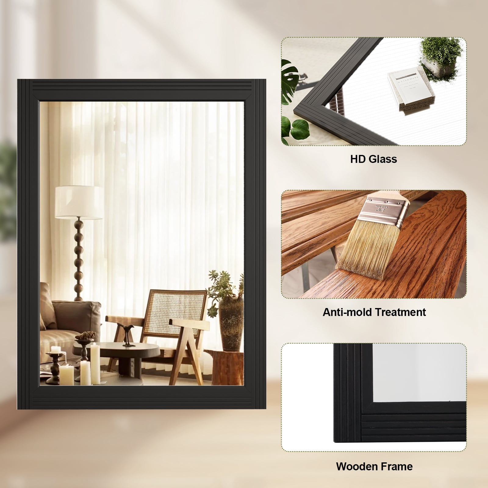 Anyrose 40.2"x30" Rectangular Wooden Framed Vanity Bathroom Mirror, Black