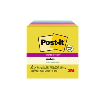 Post-it Super Sticky Notes, 3 in x 3 in, Summer Joy, 4 Pads + 1 Bonus Pad