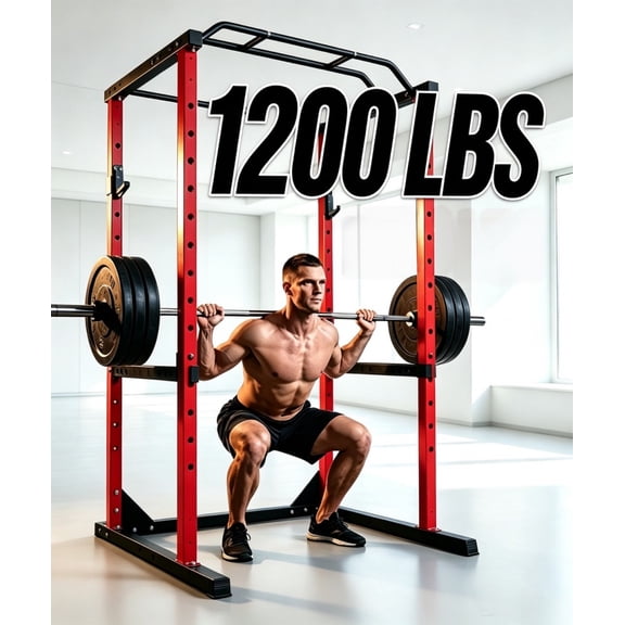 Adjustable Squat Stand Rack, 1200LB Squat Rack Power Cage for Home & Garage Gym, with Weight Storage Rack and More Training Attachments, with Optional PullDown / Cable Crossover/Smith Machine System