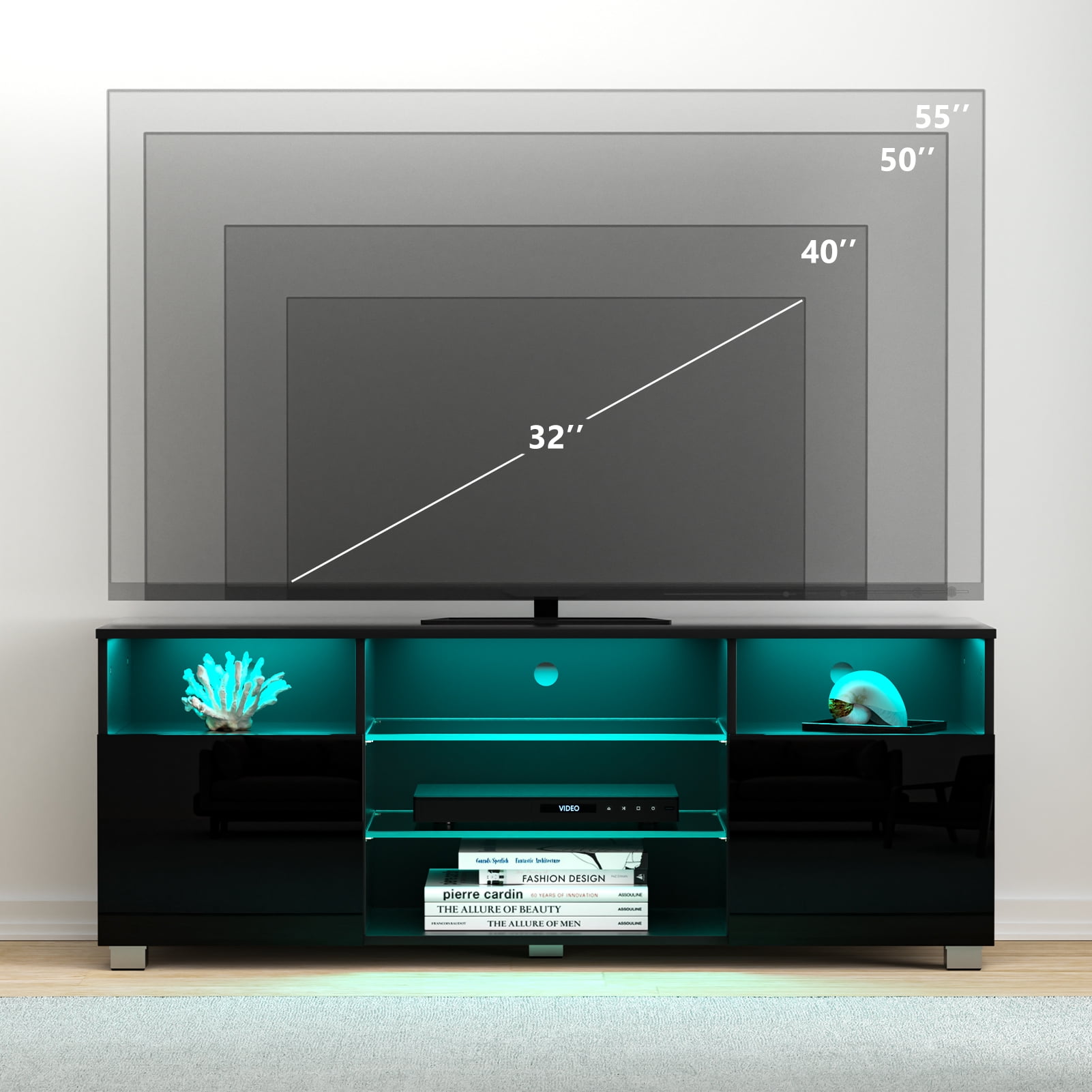 ChVans LED TV Stand for 55 inch TV, High Glass Modern Entertainment Center with LED Lights and Glossy Cabinets