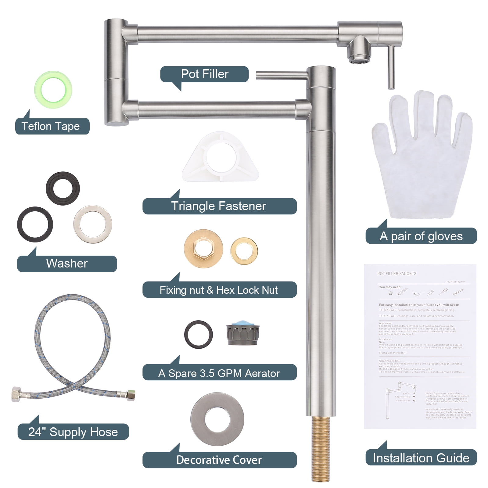 Wowow Pot Filler Faucet Deck Mount Stove Faucet, Solid Brass Pot Filler Brushed Nickel Kitchen Folding Faucet with Stretchable Double Joint Swing Arm