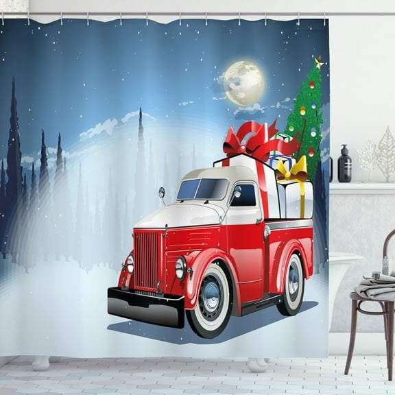 Ambesonne Christmas Shower Curtain, American Truck Gifts, 69"Wx84"L, Blue Red White