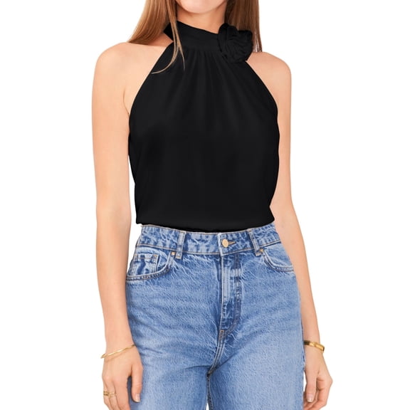 Vince Camuto Womens Rosette Halter Top Shirt, Black, Medium