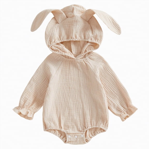 mgoYE Baby Girl Easter Outfit Bunny Embroidery Onesie Infant Short Sleeve Bubble Romper Cute Easter Clothes(Beige,6-12 Months)