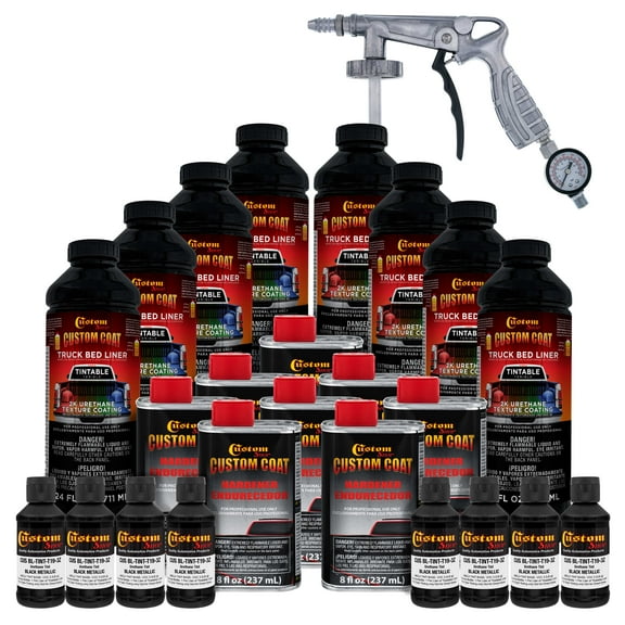 Custom Coat Black Metallic 2 Gallon Urethane Spray-On Truck Bed Liner Kit with Spray Gun, Prevent Rust