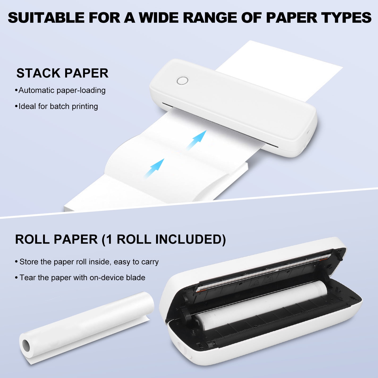 Wireless Portable Printers, Bluetooth Thermal Printer Support 8.5" X 11" US Letter & A4 Thermal Paper, Inkless Printer Compatible with Android iOS & Laptop for Travel Office Car Home, White