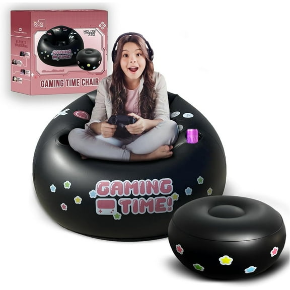Inflatable Pink Gaming Chair for Kids & Teens with Cup Holders and Side Pocket - This Air Bean Bag Game Chair is The Perfect Furniture for Gamer Room Décor (Gaming Time with Ottoman)