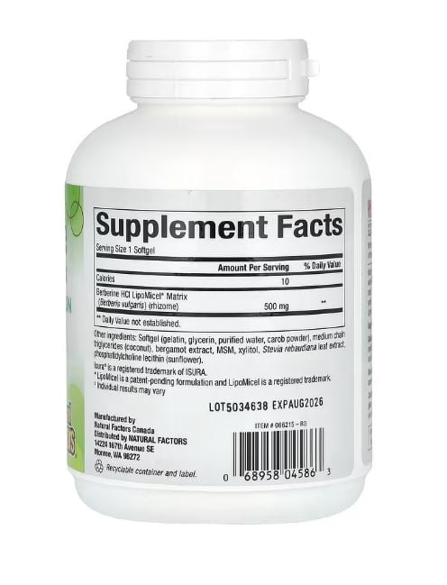 Natural Factors Berberine LipoMicel Matrix Softgels for Healthy Aging and Weight Management, 500 mg, 90 Softgels