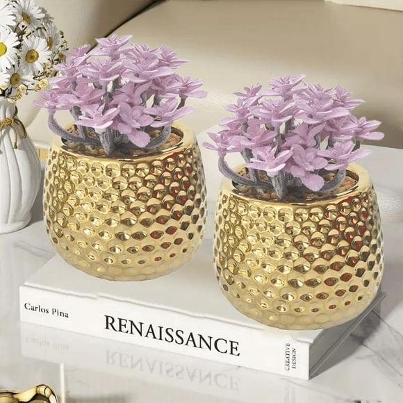 CasaVibe Suculenta Falsa Morada en Maceta de Cerámica Texturizada Dorada - Juego de 2 Plantas Suculentas Artificiales para Decoración Del Hogar, Mini Plantas Falsas Glamorosas de Escritorio, Arreglo