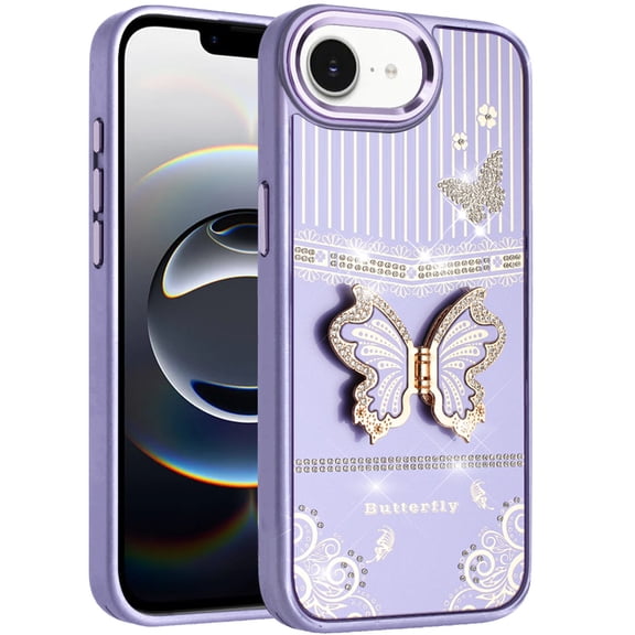 For Apple iPhone 16 E (6.1") Glitter Butterfly Case with 3D Stand Sparkle Hybrid Metallic Edges Protective Phone Cover Slim Fit [Purple]