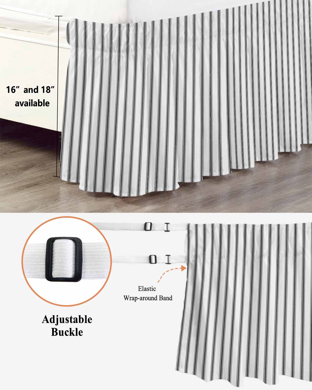 Black Striped Bed Skirt King Size, Black White Stripes Farmhouse Wrap Around Bed Skirting with Adjustable Elastic Strap, Dust Ruffle Pleated Bedskirts 16 Inch Drop for Bedroom King Beds