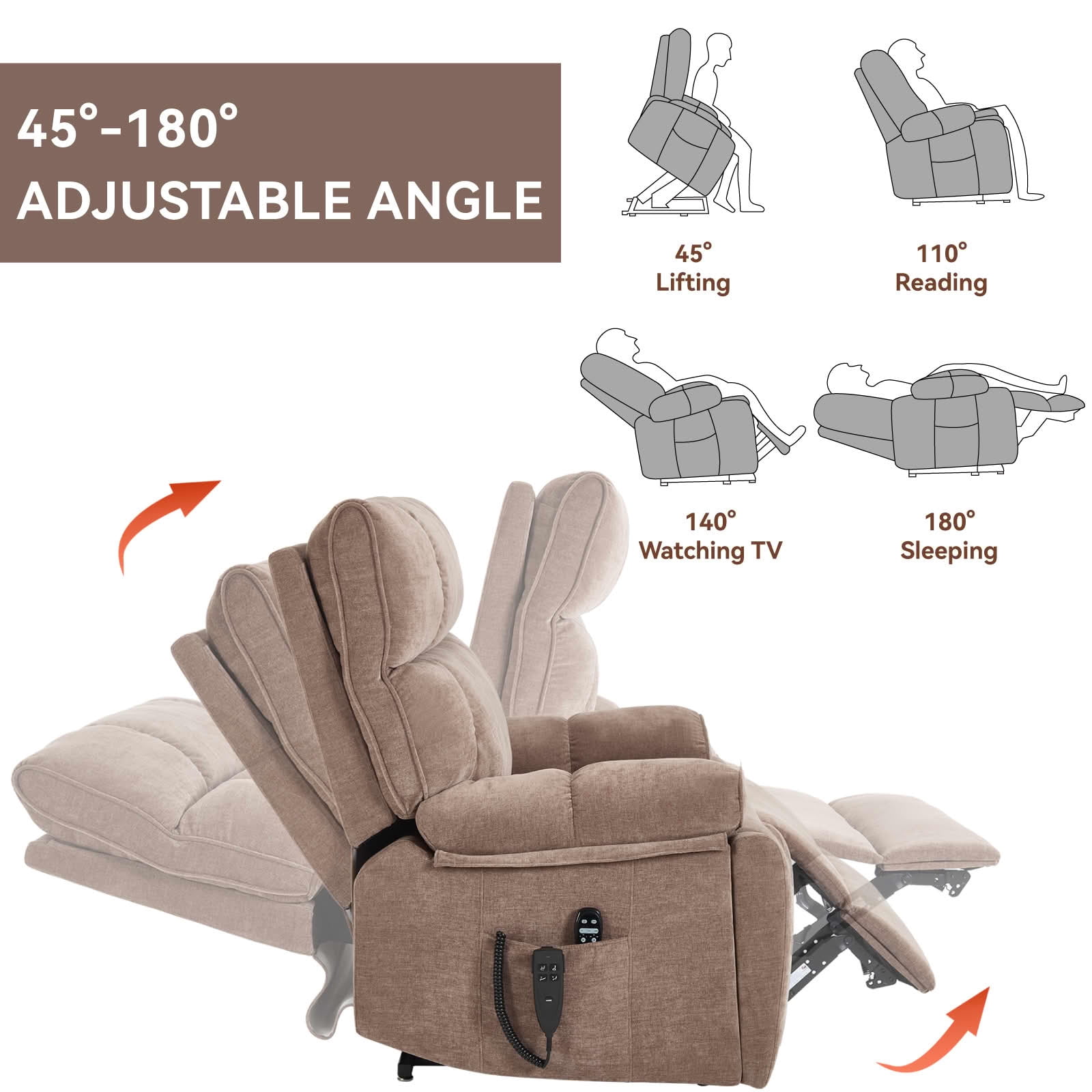 MAYEERTY Brown Dual Motor Power Lift Recliner, 350lbs Infinite Position Massage Heat Hidden Cup Holders for Elderly 41"x37"x42"
