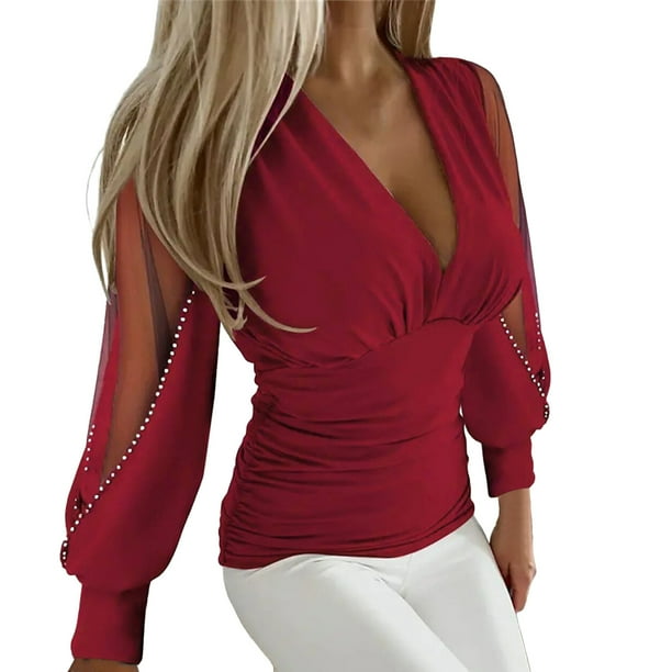 Blusa de malla de encaje transparente para mujer - Ribete de pedrería, cuello en V, manga larga - Top elegante y ajustado para ocasiones informales/fiestas - Tallas US/UK/EU S-XXL