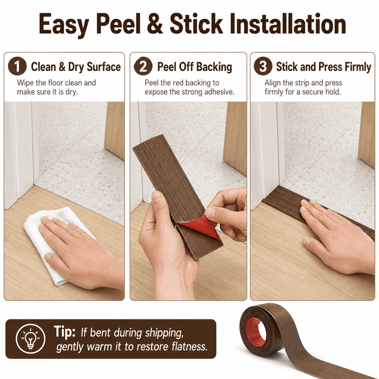 Yeslife 1 pc Self Adhesive Floor Transition Strip, 10 ft x 1.57 in, Brown Vinyl, Flexible Waterproof Gap Cover for Laminate, Tile and Carpet Flooring
