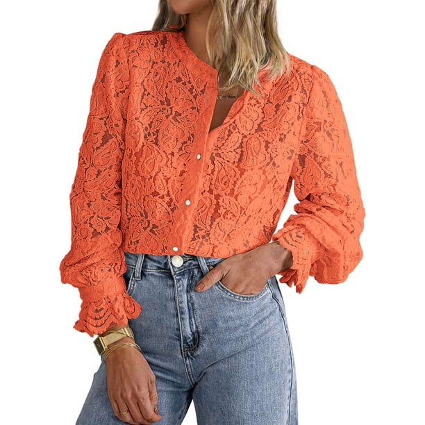 Camisa PRETTYGARDEN de Encaje Manga Larga con Botones Naranja Talla S