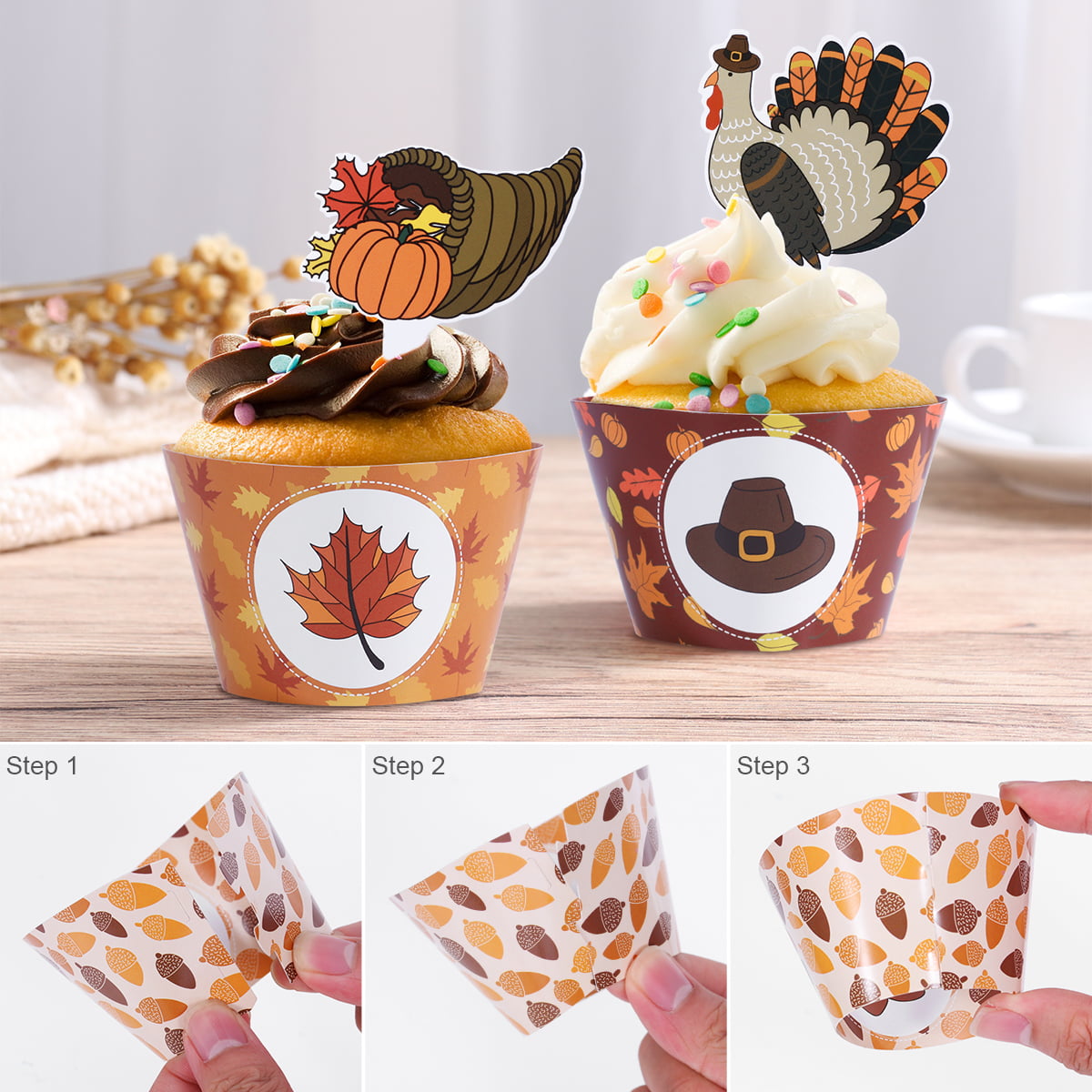 48Pcs Thanksgiving Cupcake Toppers Wrappers,Turkey Cupcake Toppers For Thanksgiving Cupcake Decorations 