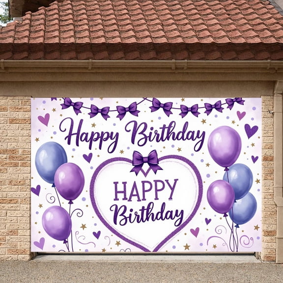 Purple Theme Banner Blue Balloons Birthday Party Display Heart Shape Purple Bows Joyful Birthday Backdrop for Birthday Party Kids Celebration Indoor Decoration