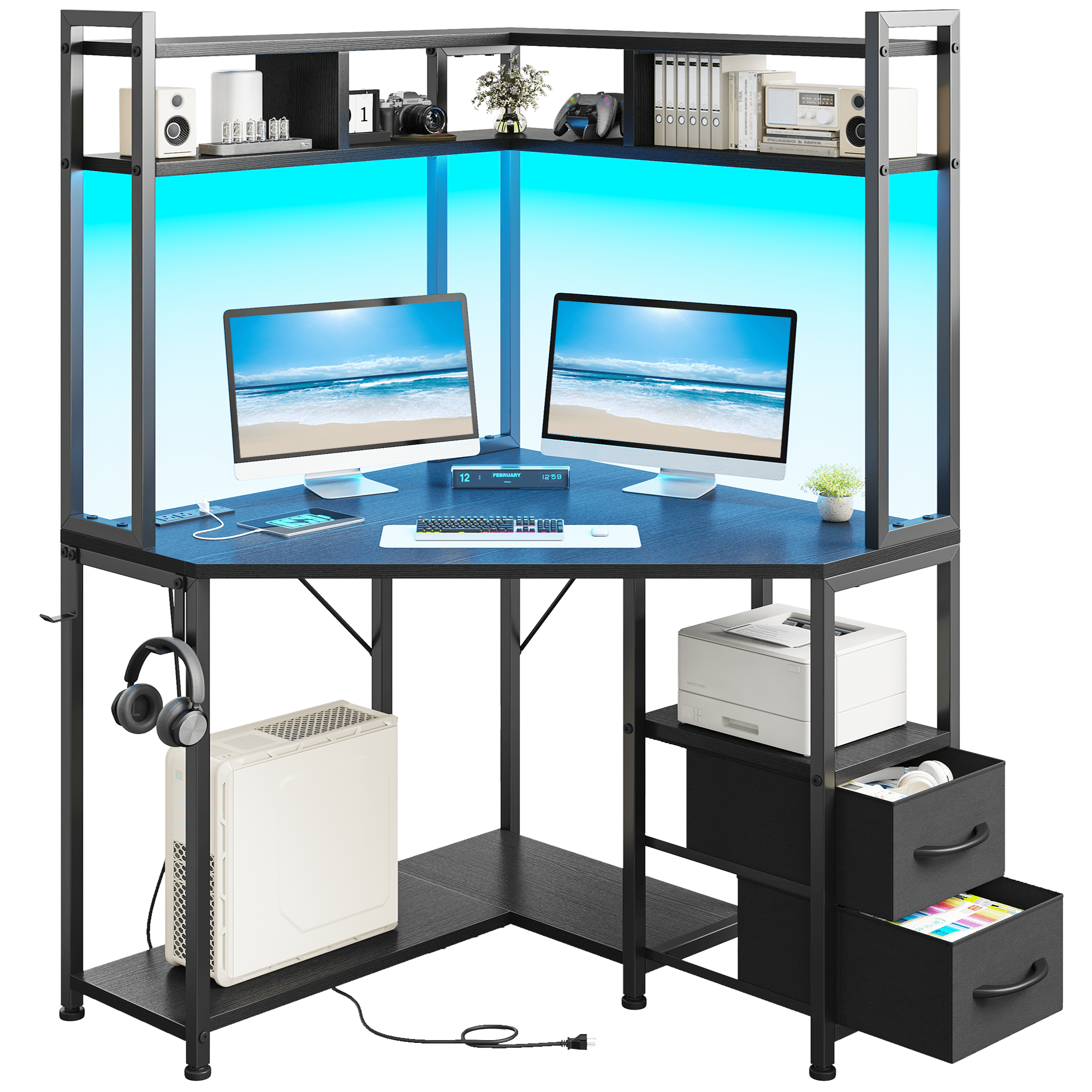 Enhomee Corner Desk with Storage & Hutch Office Desk with 2 Fabric Drawers Gaming Desk with Outlets & LED Lights Computer Desk with Shelves, Black
