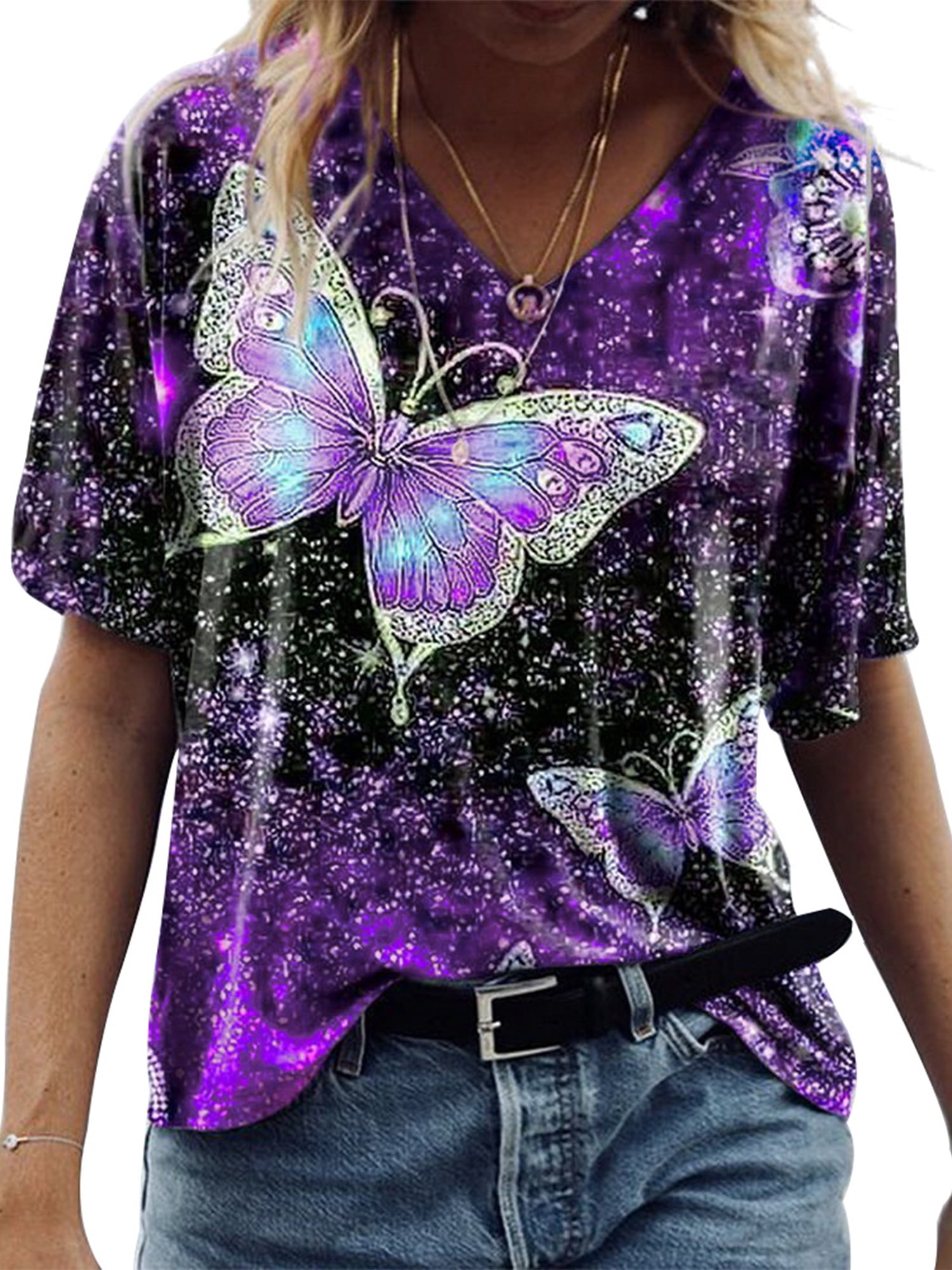 Women Ladies Glitter Butterfly Batwing Top  Off Shoulder Short Sleeve T Shirt 